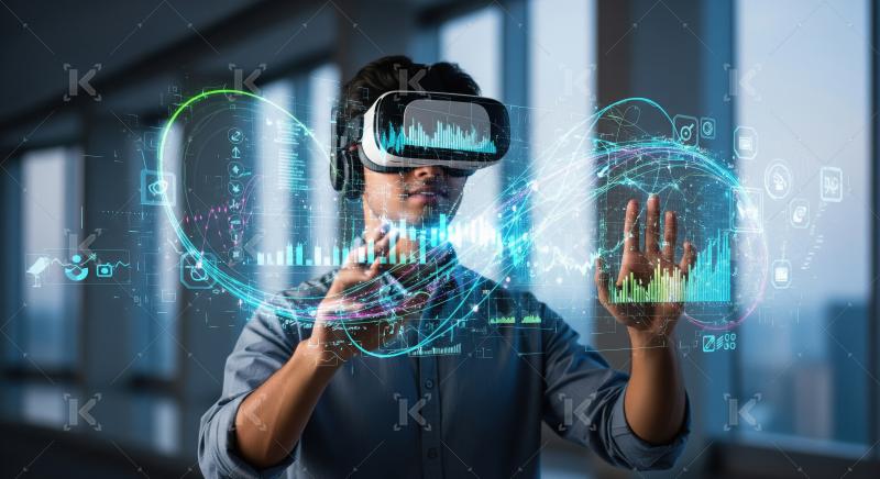 Man wearing VR headset interacting with virtual data analytics.