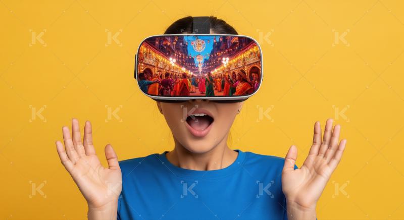 Young woman marvels at virtual festival through VR headset