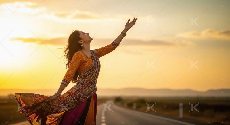 Joyful Indian woman embracing freedom under golden sunset sky