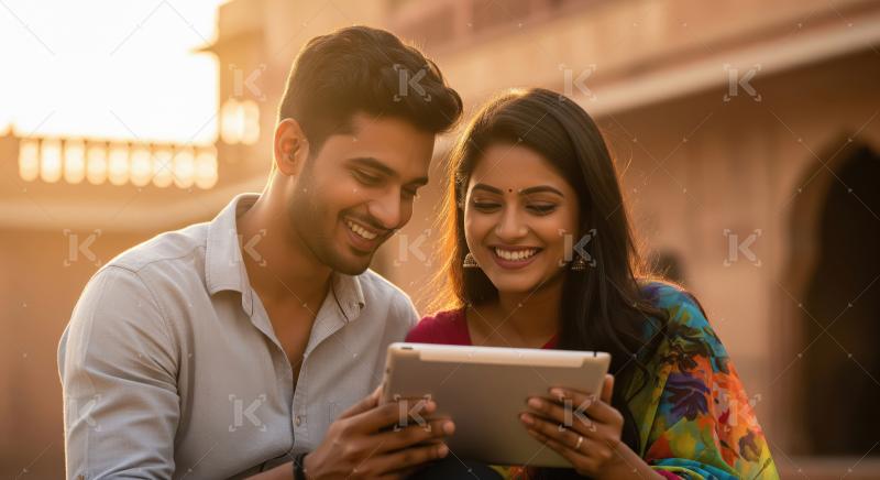 Happy Indian Couple Watching Tablet Together in Golden Light