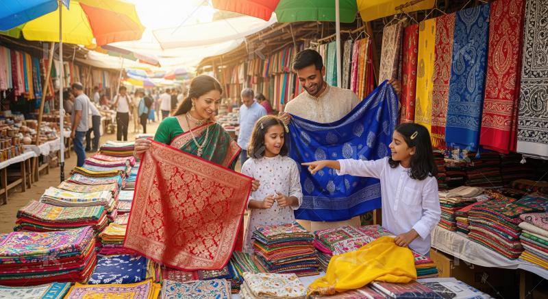Indian Family Happily Shopping for Colorful Textiles at Outdoor