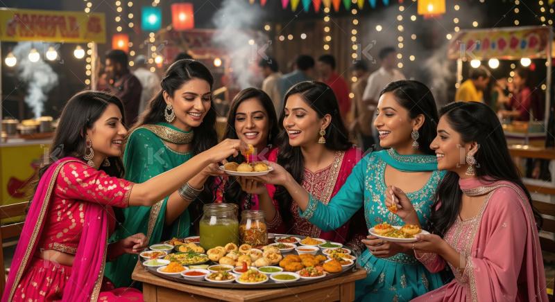 Joyful Indian women enjoy street food at a vibrant festival.