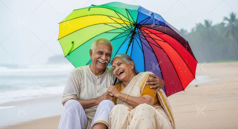 Happy Indian senior couple laughing under rainbow umbrella on be