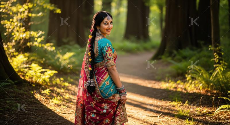 Beautiful Indian Woman in Saree Smiling on Forest Path