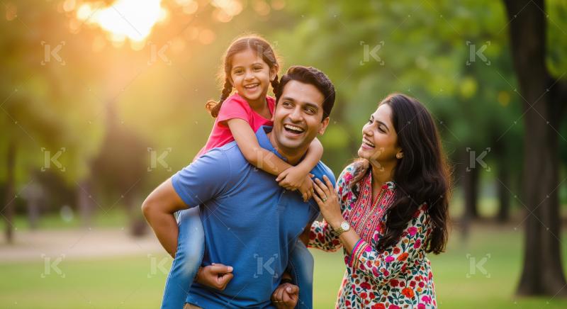 Happy Indian Family Laughing, Enjoying Piggyback Ride in Park Su
