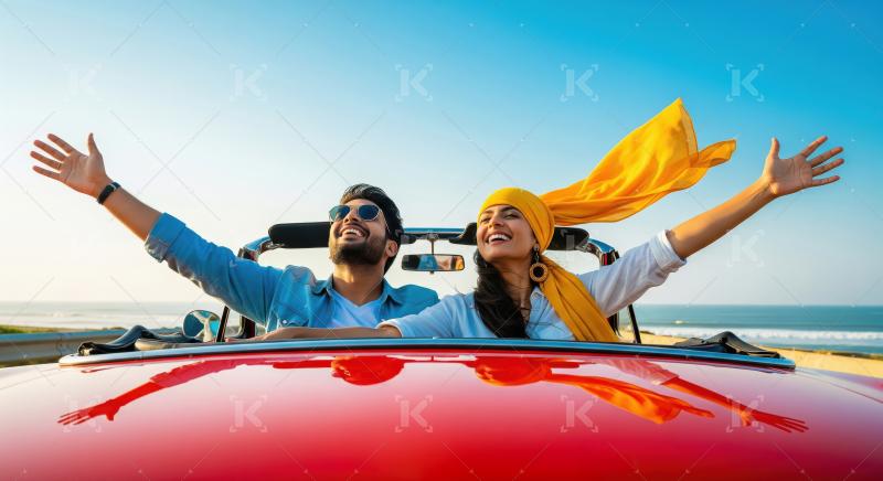 Happy couple enjoying convertible road trip by the ocean