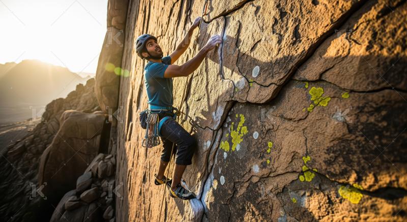 Man Rock Climbing Outdoors at Golden Hour Sunset