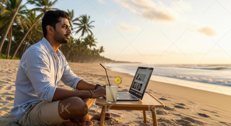 Young man working remotely on a tropical beach at sunset