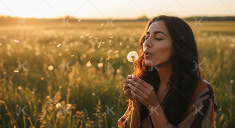 Young woman blowing dandelion seeds in a golden sunset field