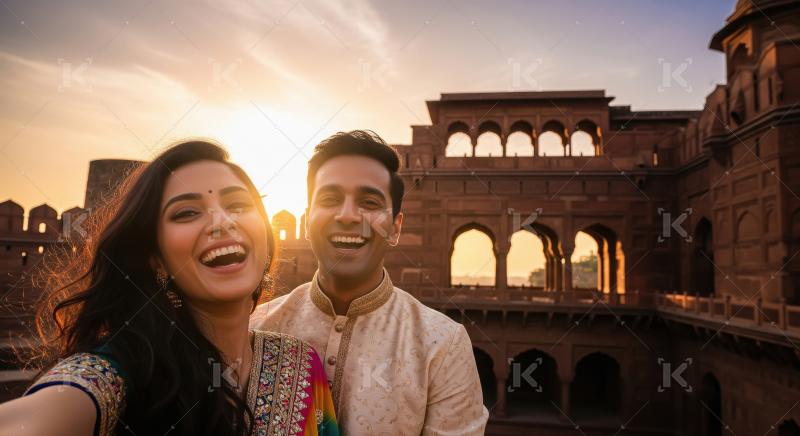 Joyful Indian couple taking selfie at historic fort during sunse