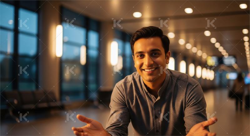 Young Professional Man Smiles Confidently in Modern Airport Loun