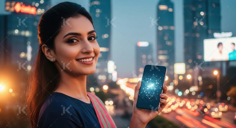 Smiling Indian Woman Holding Smartphone with Glowing Network
