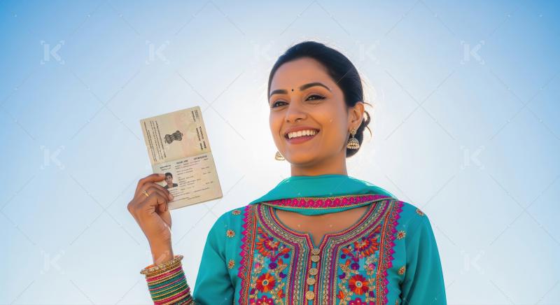 Happy Indian Woman Proudly Displays Passport Against Blue Sky