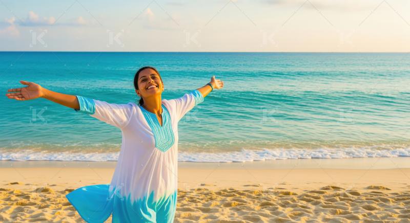 Joyful woman embracing nature on stunning golden beach