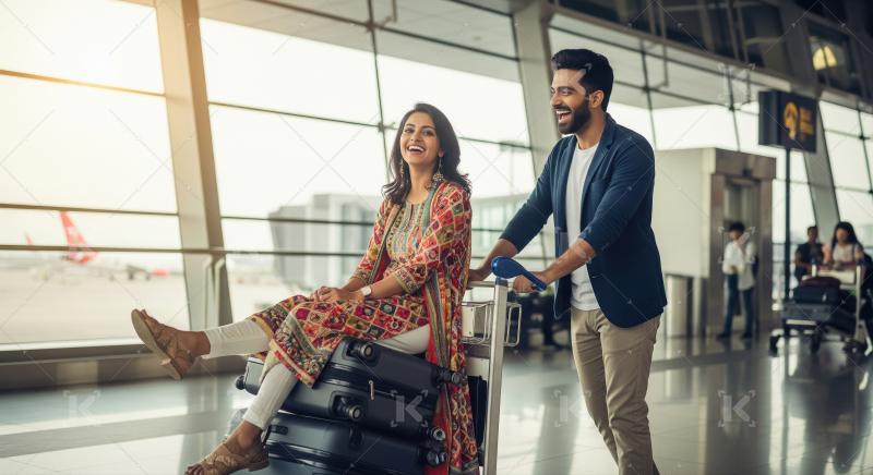 Joyful Indian couple traveling through airport with luggage cart