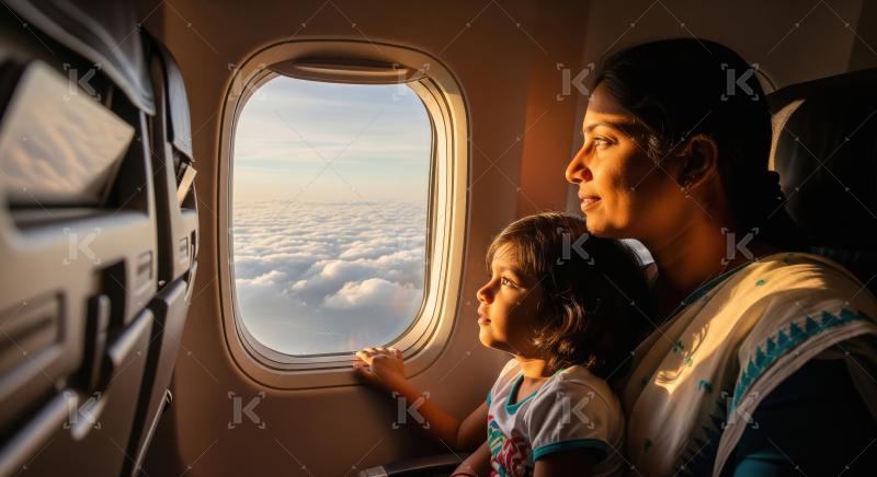 Mother Daughter Gaze at Golden Clouds from Airplane Window