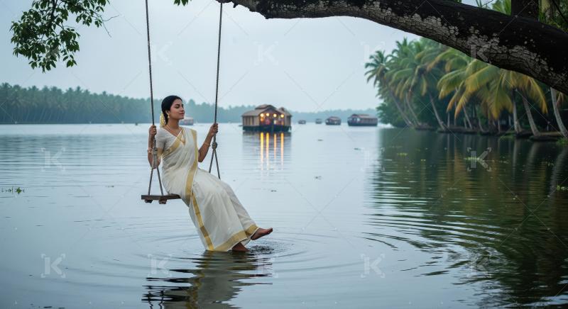 Woman on swing in serene Kerala backwaters with houseboats