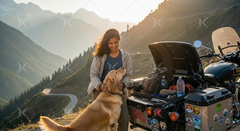 Woman, Dog, and Motorcycle Adventure in Majestic Mountains at Su