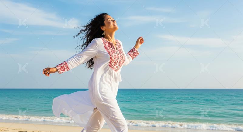 Joyful woman freely running on a stunning tropical beach