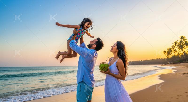 Happy Family Fun on Tropical Beach Sunset Vacation