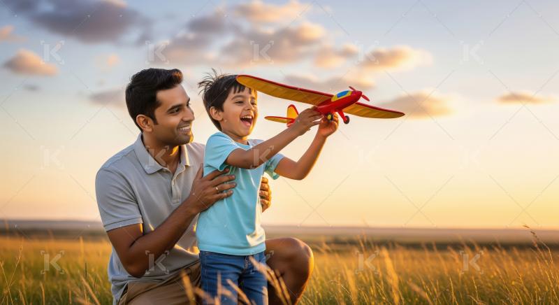 Father and Son Play with Toy Airplane at Sunset