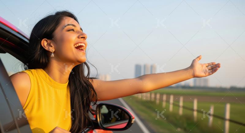 Joyful Young Indian Woman Enjoying Car Ride at Sunset