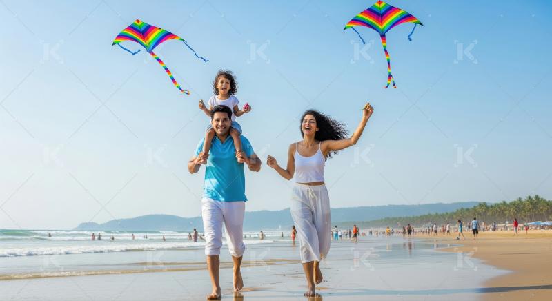 Joyful family flying vibrant kites on a sunny beach