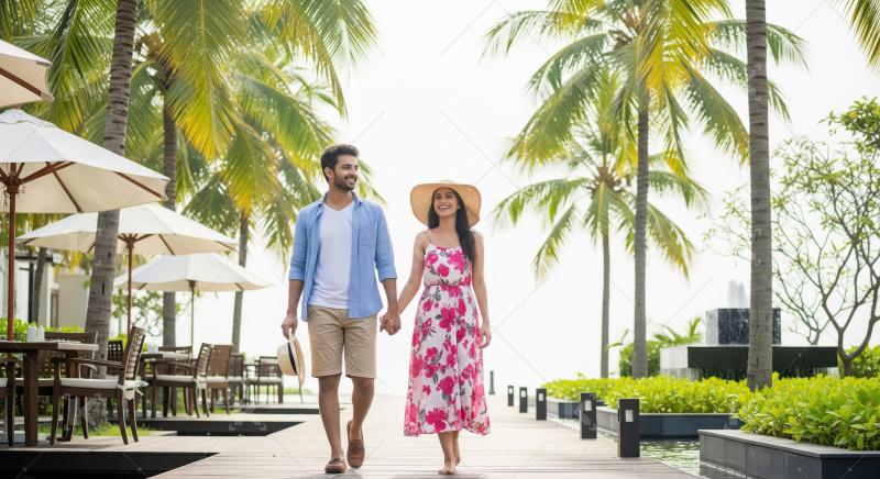 Happy Couple Enjoying Romantic Walk at Tropical Resort