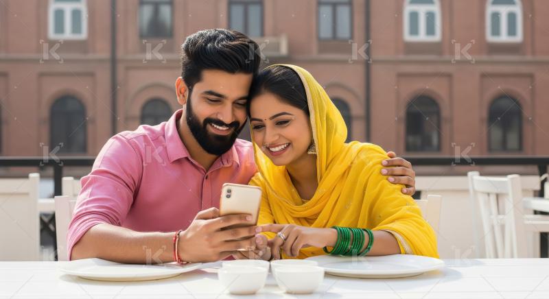 Happy Indian Couple Sharing Moments on Smartphone Outdoors