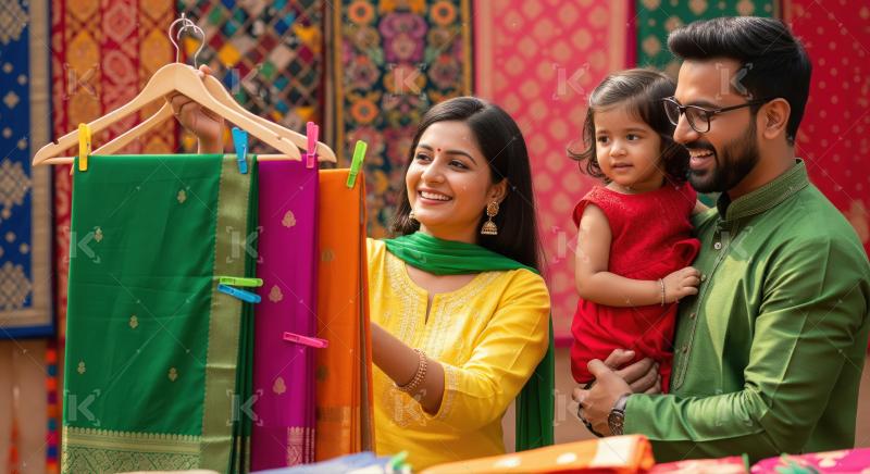 Indian Family Shopping for Traditional Clothes at Vibrant Market