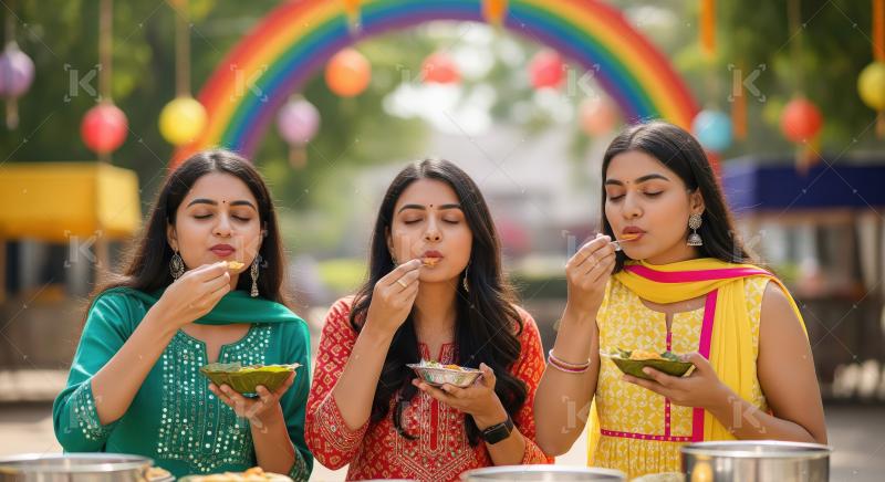 Indian Women Enjoying Street Food at a Festival