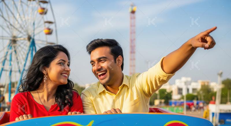 Happy Indian Couple Enjoying Thrilling Amusement Park Ride