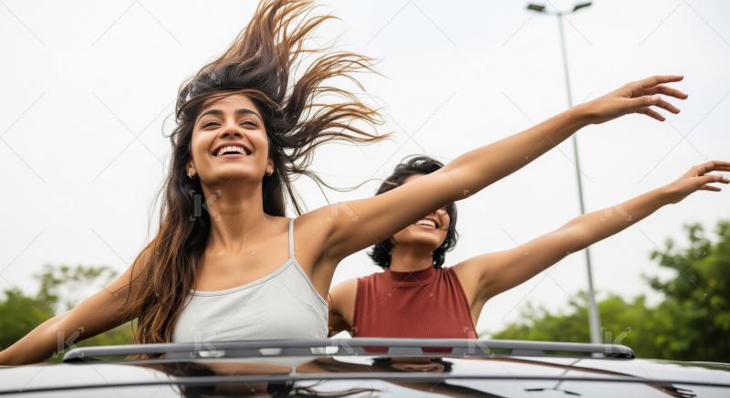 Young Indian women enjoying car ride with hair flowing