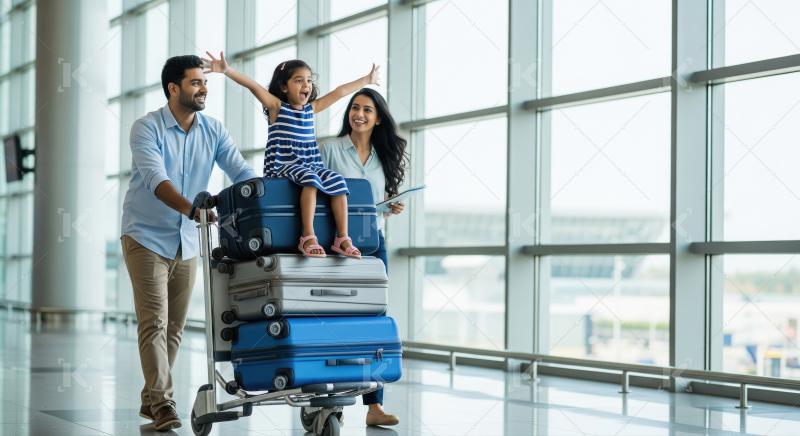 Happy Indian Family Traveling Together with Luggage at Airport