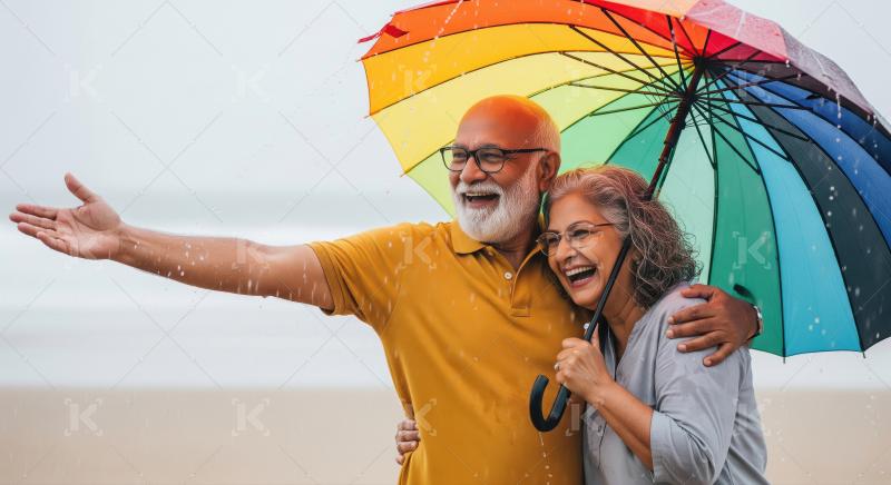 Happy senior couple enjoys rainy day under colorful umbrella.