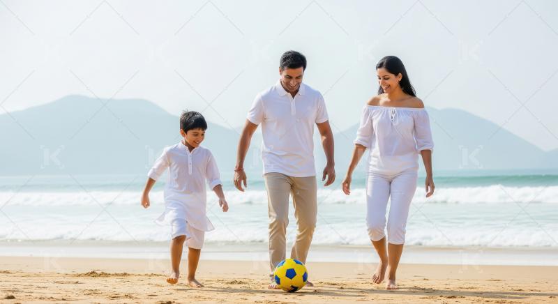 Joyful Indian family playing soccer on a sunny beach.