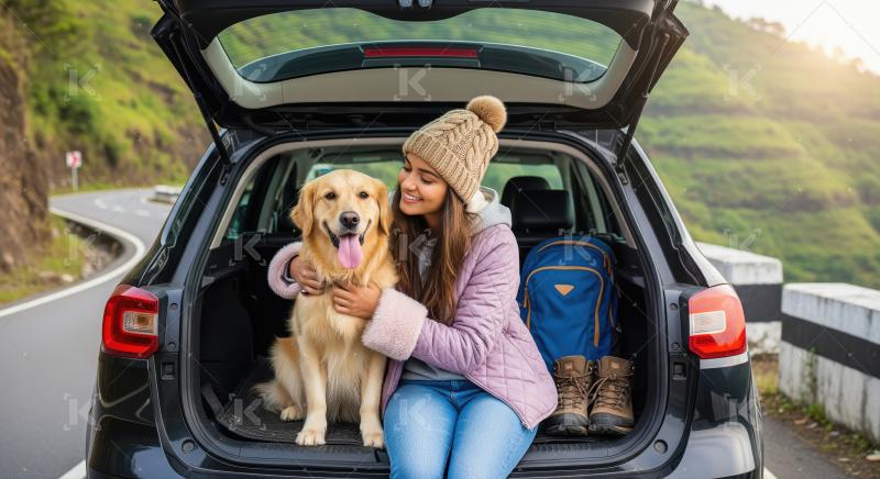 Happy Woman and Dog Ready for Adventure in Car Trunk