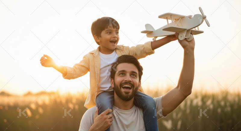 Happy father-son duo flying toy plane at golden hour.