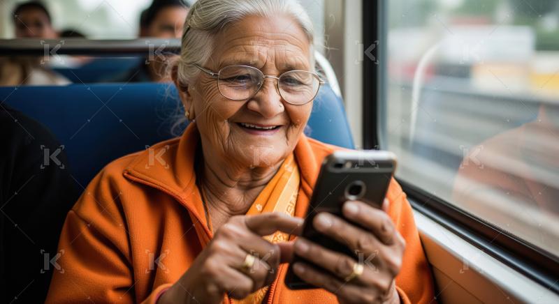 Happy Elderly Indian Woman Using Smartphone on Train