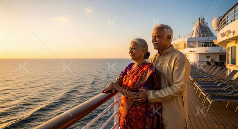 Senior Indian couple enjoying cruise ship sunset ocean view.