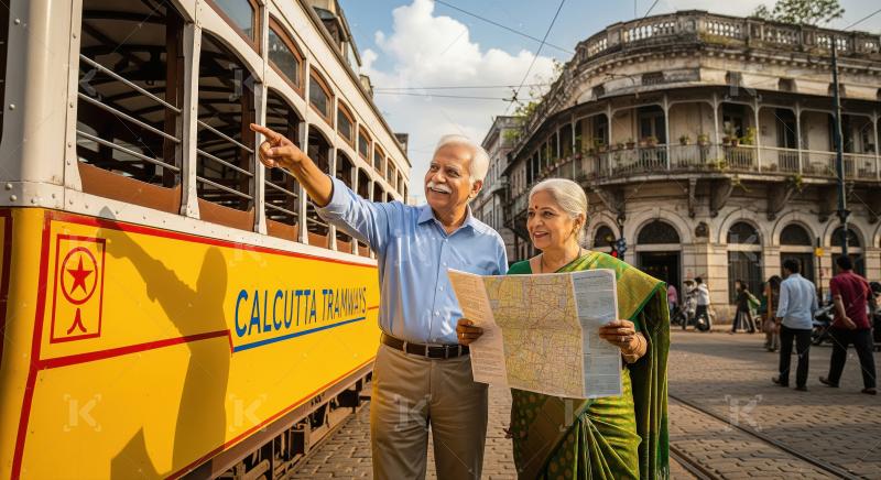 Happy Indian Couple Explores Kolkata's Charm with Tram
