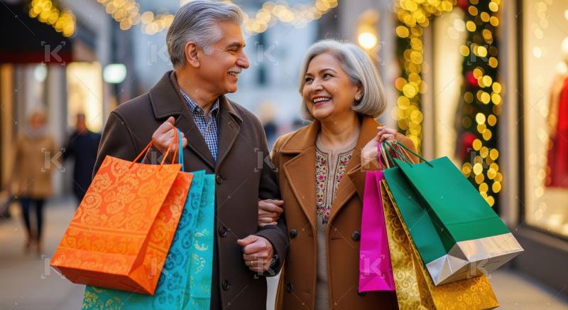 Happy senior couple enjoying festive holiday shopping together.