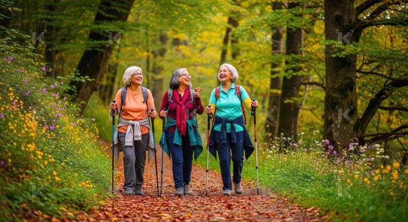 Three Joyful Senior Women Hiking Together in Autumn Forest