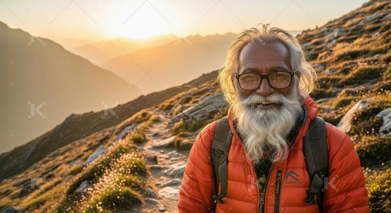 Joyful elderly man exploring mountain trail during beautiful sun