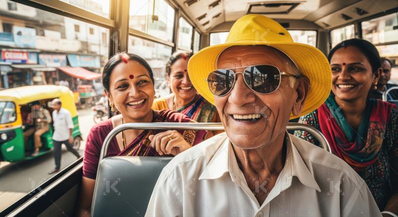 Happy Elderly Indian Man and Women on a Vibrant Bus Journey