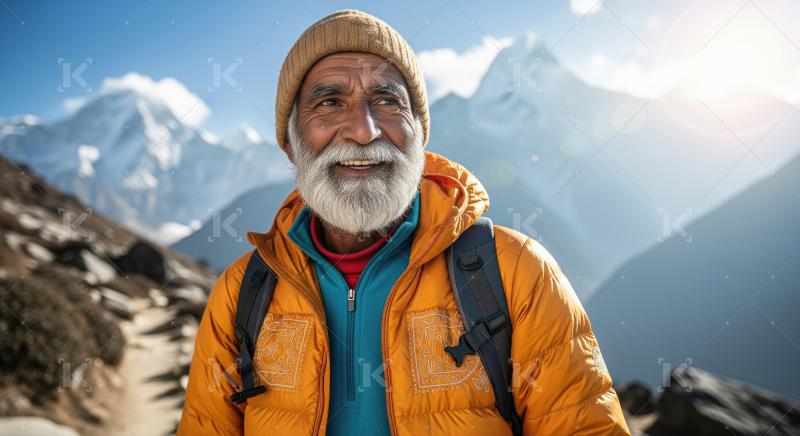 Senior Hiker Smiles Joyfully in Majestic Snowy Mountain Landscap