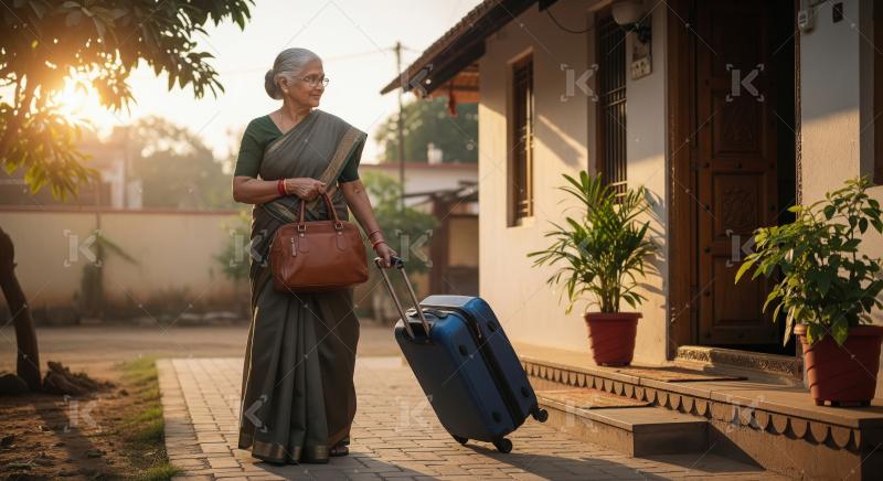 Elderly Indian Woman Traveling with Luggage at Sunset