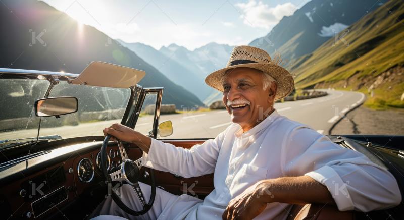 Joyful Senior Man Drives Classic Convertible on Scenic Mountain