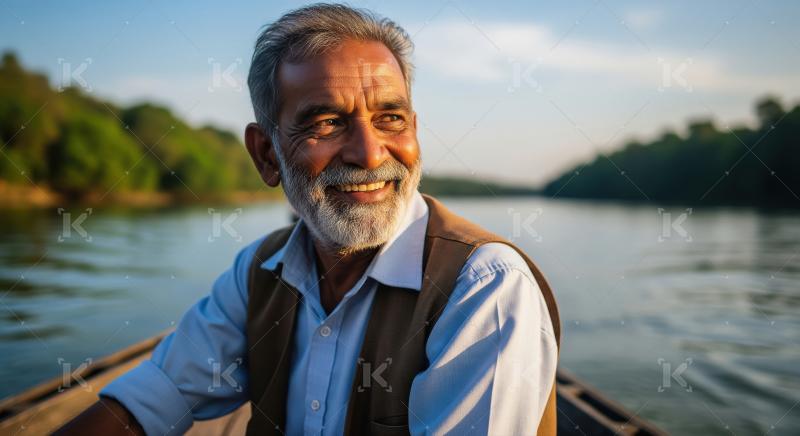 Smiling elderly man enjoying a peaceful boat ride at sunset.