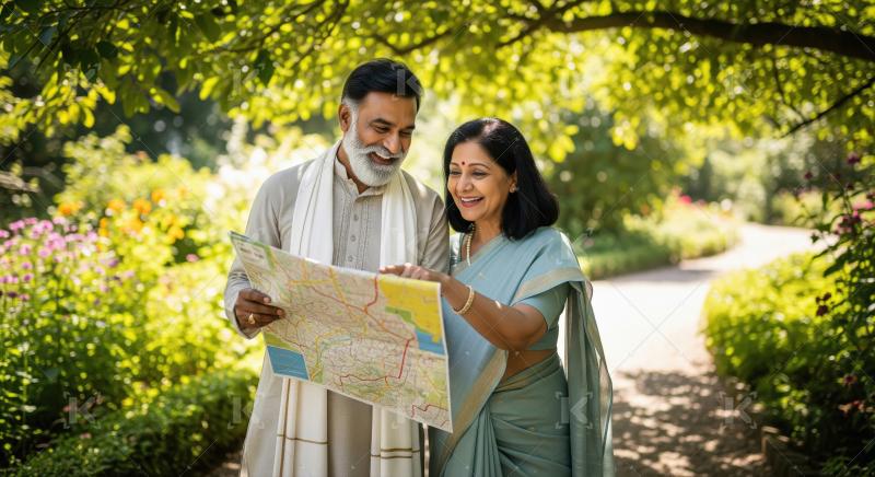 Happy Indian couple explores map in beautiful park